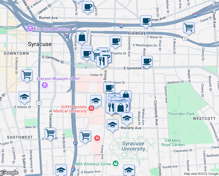 map of restaurants, bars, coffee shops, grocery stores, and more near 505 Irving Avenue in Syracuse