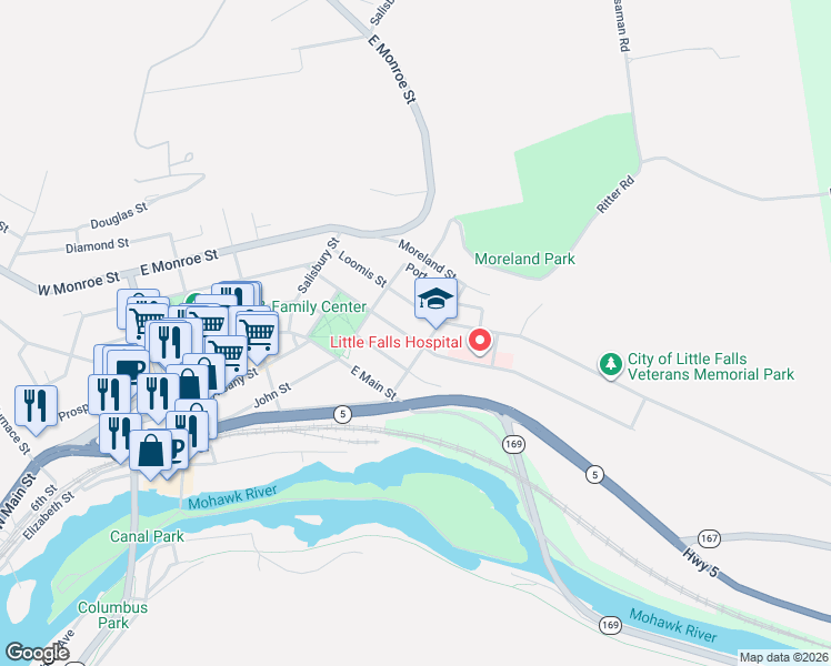 map of restaurants, bars, coffee shops, grocery stores, and more near 88 Burwell Street in Little Falls
