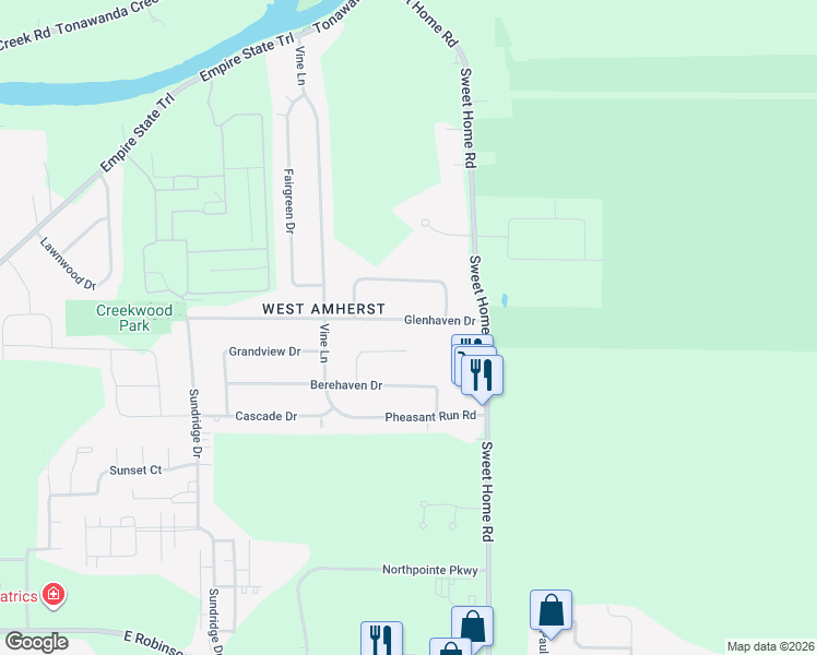 map of restaurants, bars, coffee shops, grocery stores, and more near 71 Glenhaven Drive in Buffalo