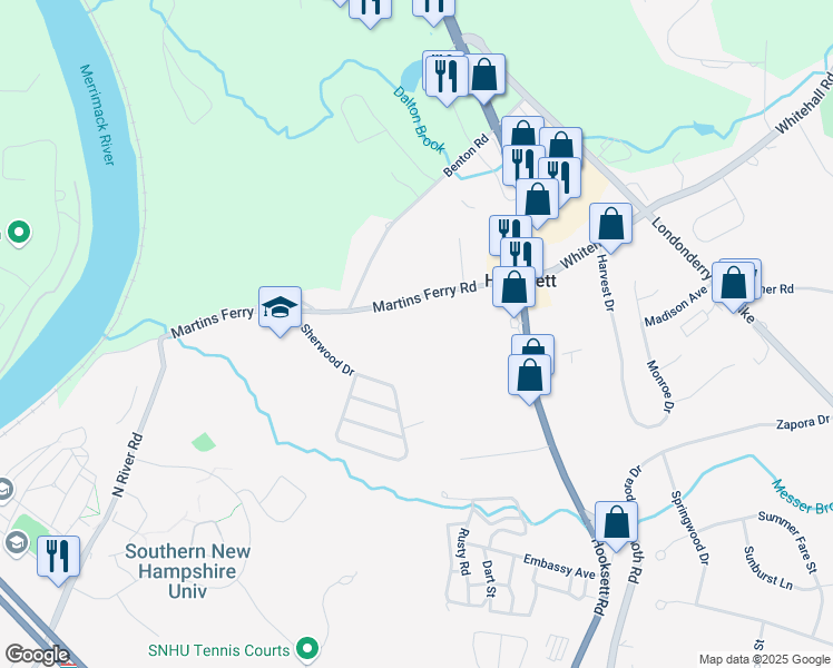 map of restaurants, bars, coffee shops, grocery stores, and more near 26 Martins Ferry Road in Hooksett