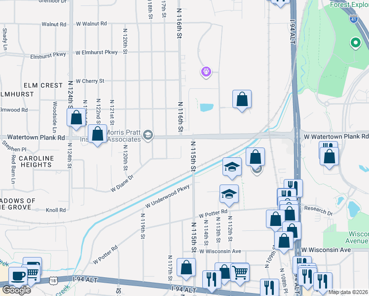 map of restaurants, bars, coffee shops, grocery stores, and more near 1152 North 116th Street in Wauwatosa