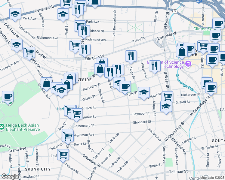 map of restaurants, bars, coffee shops, grocery stores, and more near Otisco Street & Seneca Street in Syracuse