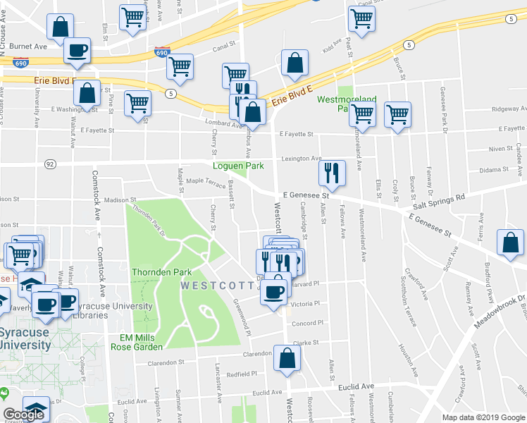 map of restaurants, bars, coffee shops, grocery stores, and more near 1906 East Genesee Street in Syracuse