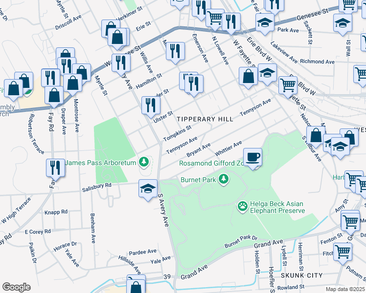 map of restaurants, bars, coffee shops, grocery stores, and more near 605 Tompkins Street in Syracuse