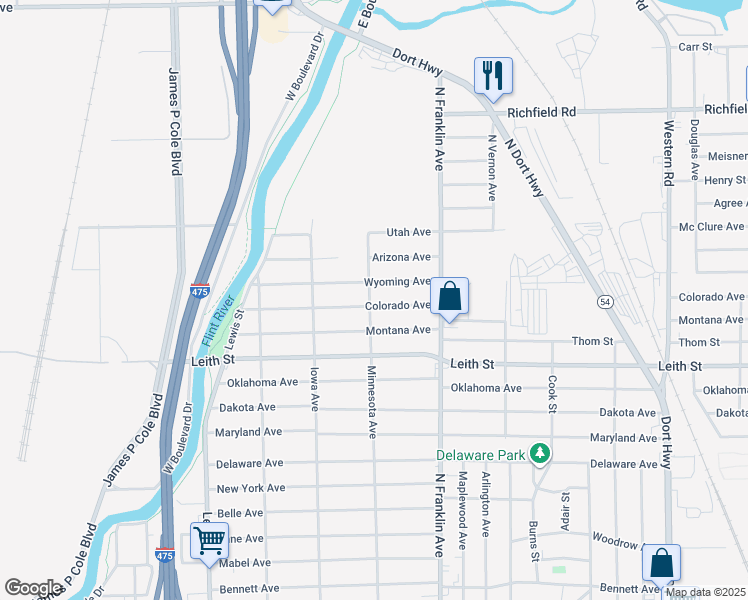 map of restaurants, bars, coffee shops, grocery stores, and more near 1703 Wyoming Avenue in Flint