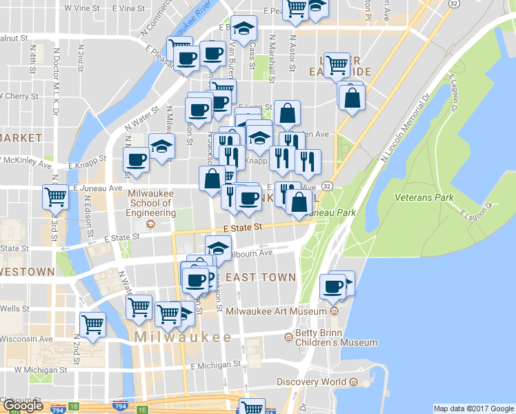 map of restaurants, bars, coffee shops, grocery stores, and more near 1129 North Marshall Street in Milwaukee