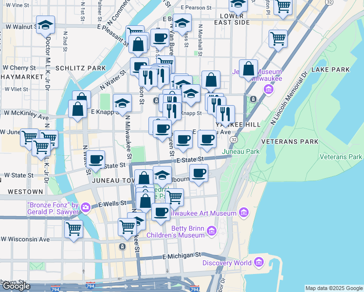 map of restaurants, bars, coffee shops, grocery stores, and more near 723 East Juneau Avenue in Milwaukee