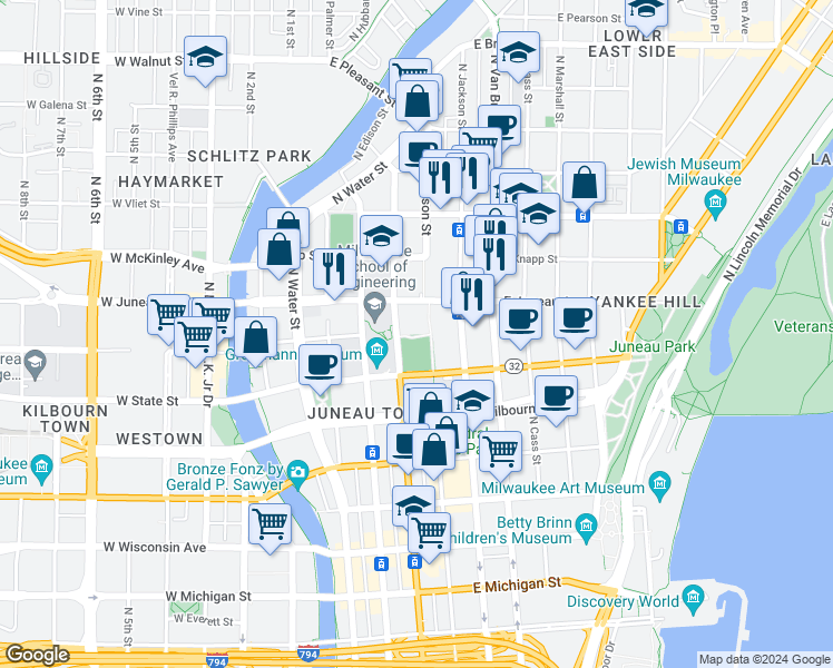 map of restaurants, bars, coffee shops, grocery stores, and more near in Milwaukee