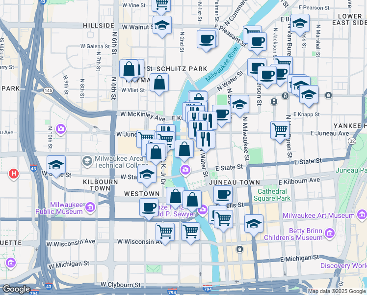 map of restaurants, bars, coffee shops, grocery stores, and more near 145 East Juneau Avenue in Milwaukee