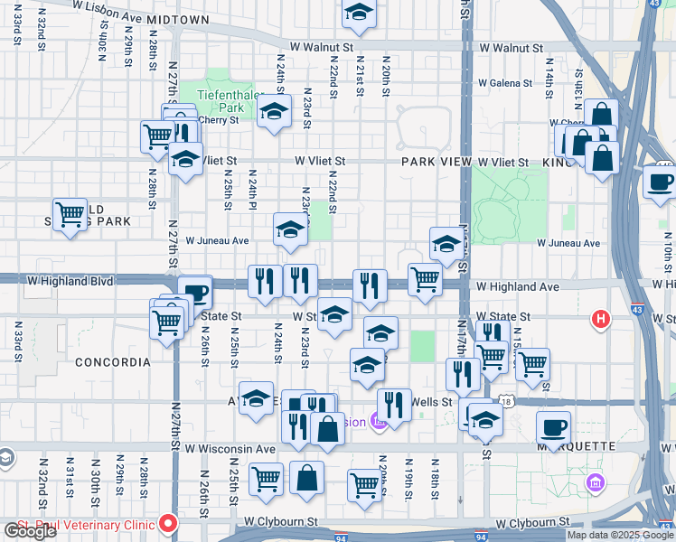 map of restaurants, bars, coffee shops, grocery stores, and more near 2133 West Juneau Avenue in Milwaukee