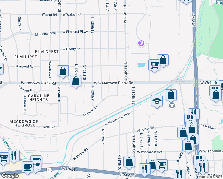 map of restaurants, bars, coffee shops, grocery stores, and more near 11725 West Watertown Plank Road in Wauwatosa