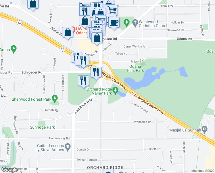 map of restaurants, bars, coffee shops, grocery stores, and more near 905 South Whitney Way in Madison