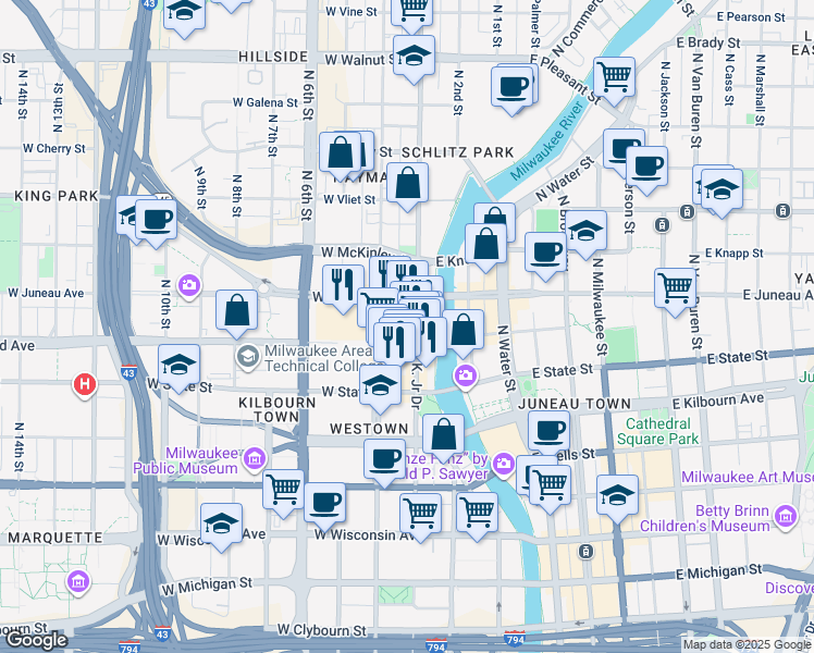 map of restaurants, bars, coffee shops, grocery stores, and more near 311 West Juneau Avenue in Milwaukee