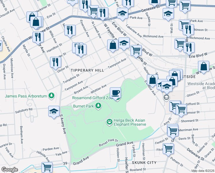 map of restaurants, bars, coffee shops, grocery stores, and more near 313 Whittier Avenue in Syracuse