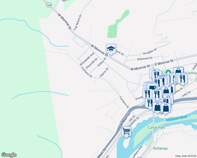 map of restaurants, bars, coffee shops, grocery stores, and more near 164 Furnace Street in Little Falls