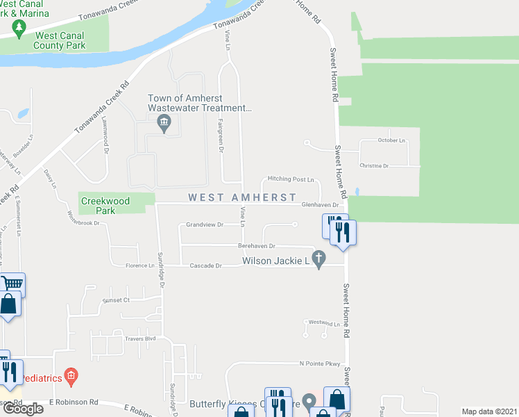 map of restaurants, bars, coffee shops, grocery stores, and more near 125 Glenhaven Drive in Buffalo