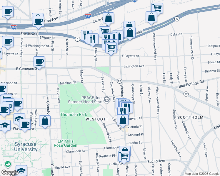 map of restaurants, bars, coffee shops, grocery stores, and more near 436 Columbus Avenue in Syracuse