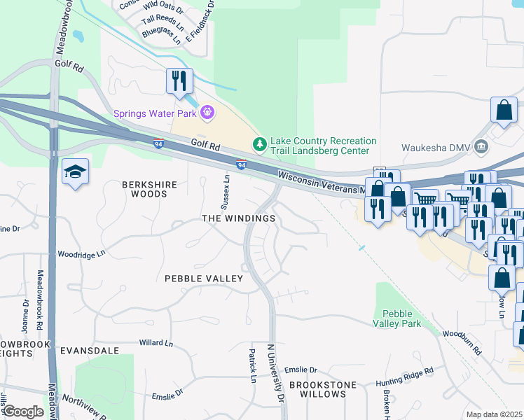 map of restaurants, bars, coffee shops, grocery stores, and more near 2829 North University Drive in Waukesha