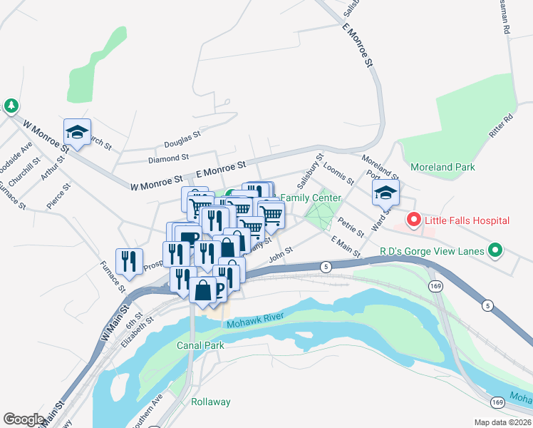 map of restaurants, bars, coffee shops, grocery stores, and more near 10 North William Street in Little Falls