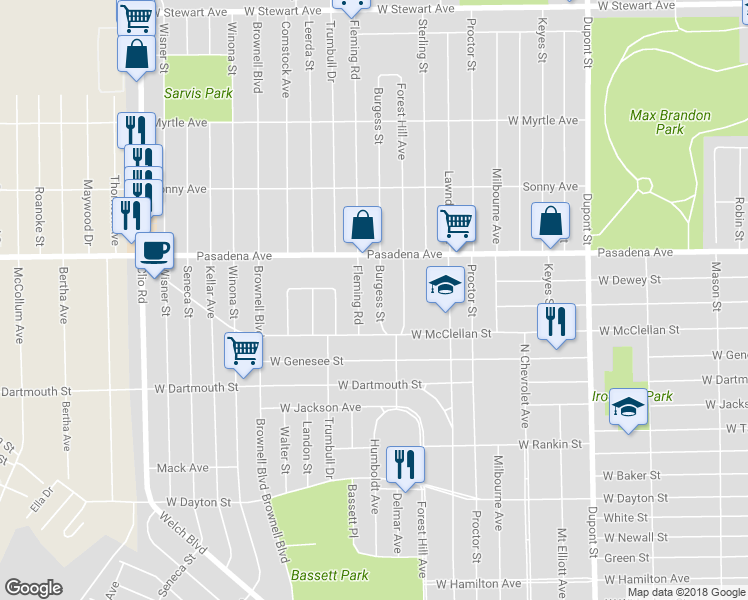 map of restaurants, bars, coffee shops, grocery stores, and more near 3205 Burgess Street in Flint