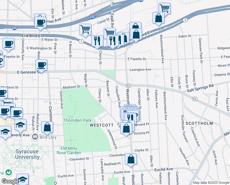 map of restaurants, bars, coffee shops, grocery stores, and more near 434 Columbus Avenue in Syracuse