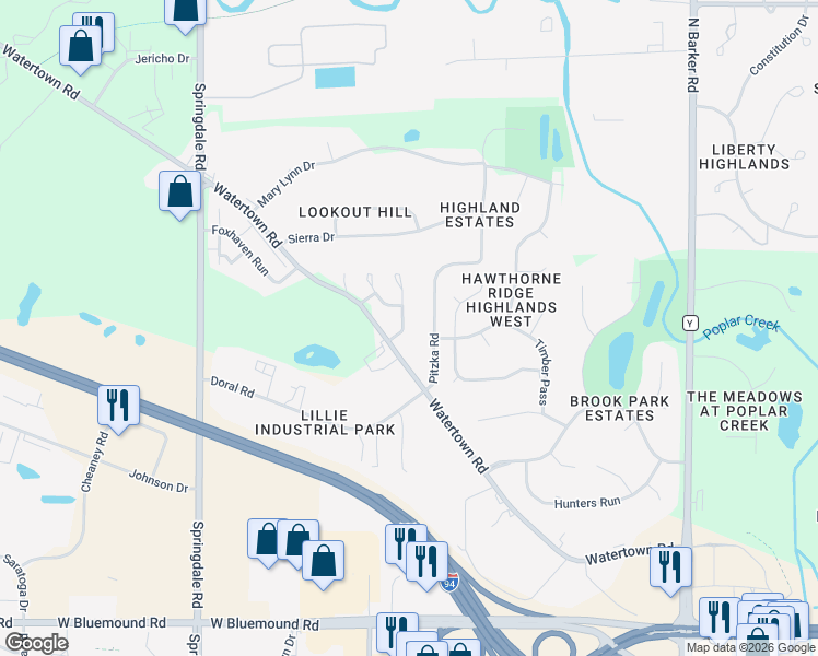 map of restaurants, bars, coffee shops, grocery stores, and more near 1045 Lansdowne Court in Brookfield
