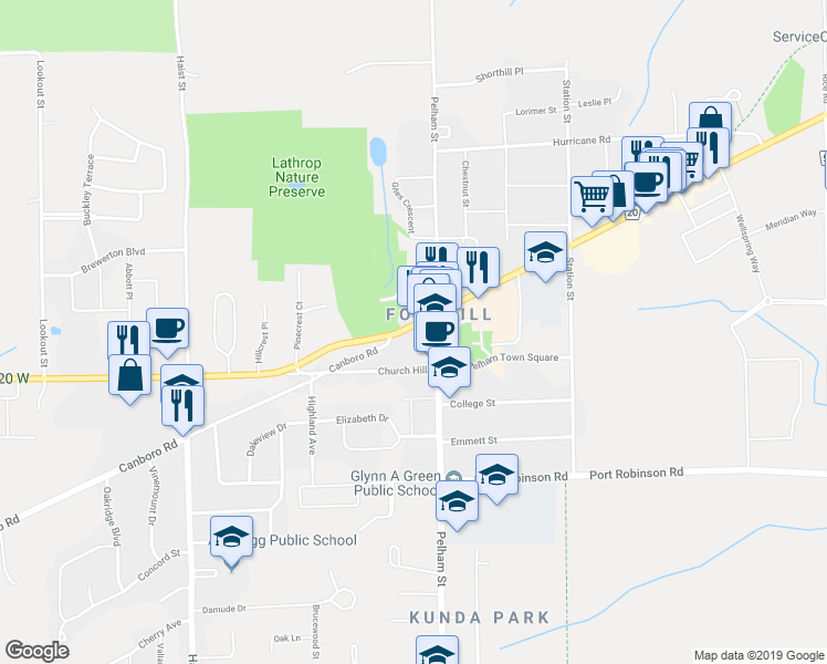 map of restaurants, bars, coffee shops, grocery stores, and more near 16 Highway 20 West in Pelham