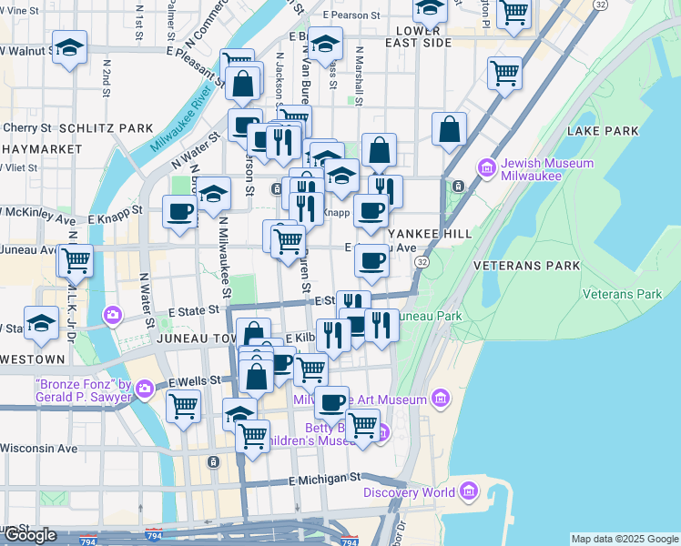 map of restaurants, bars, coffee shops, grocery stores, and more near 1129 North Marshall Street in Milwaukee