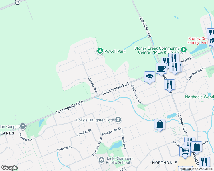 map of restaurants, bars, coffee shops, grocery stores, and more near 1820 Canvas Way in London