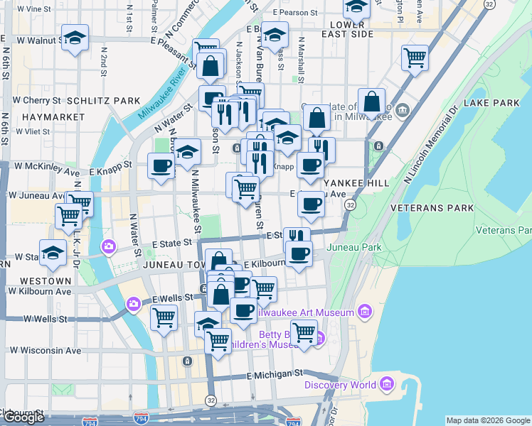 map of restaurants, bars, coffee shops, grocery stores, and more near 723 East Juneau Avenue in Milwaukee