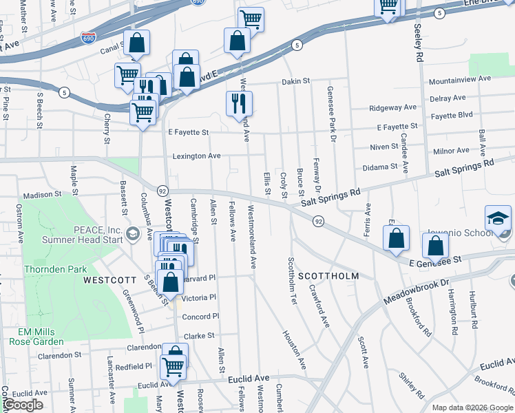 map of restaurants, bars, coffee shops, grocery stores, and more near 2410-12 East Genesee Street in Syracuse
