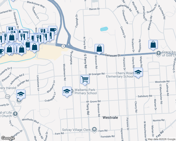 map of restaurants, bars, coffee shops, grocery stores, and more near 116 Bronson Road in Syracuse