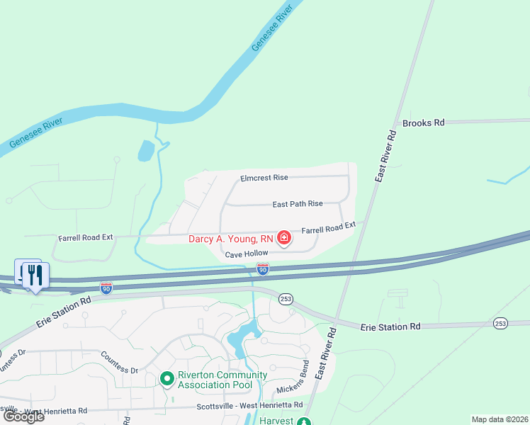 map of restaurants, bars, coffee shops, grocery stores, and more near 68 East Path Rise in West Henrietta