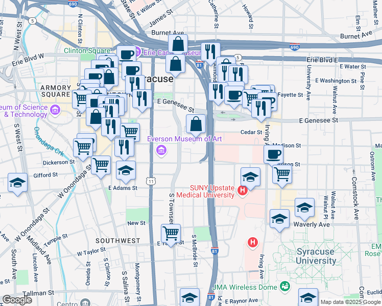 map of restaurants, bars, coffee shops, grocery stores, and more near 60 Presidential Plaza in Syracuse