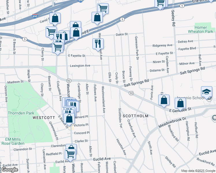 map of restaurants, bars, coffee shops, grocery stores, and more near 2424 East Genesee Street in Syracuse