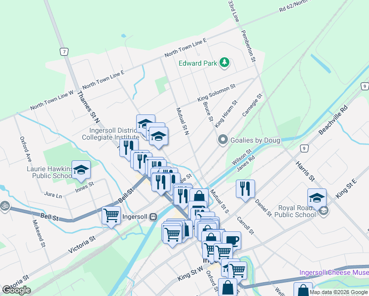 map of restaurants, bars, coffee shops, grocery stores, and more near 80 William Street in Ingersoll
