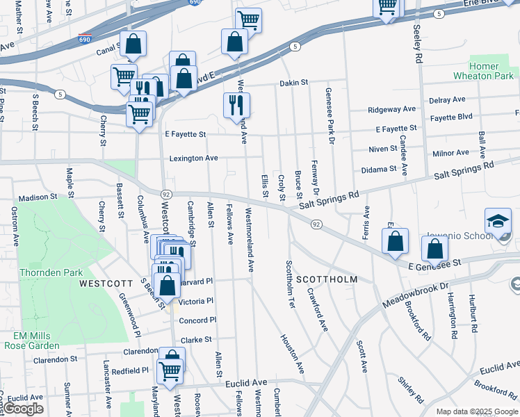 map of restaurants, bars, coffee shops, grocery stores, and more near 2401 Westmoreland Avenue in Syracuse