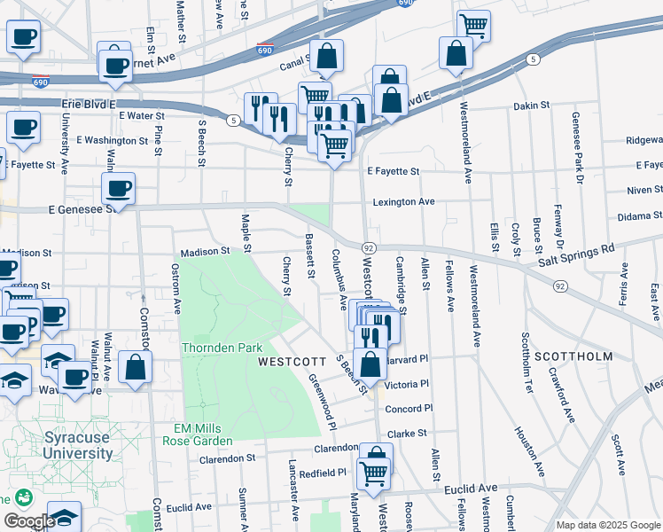 map of restaurants, bars, coffee shops, grocery stores, and more near 117 Bassett Street in Syracuse