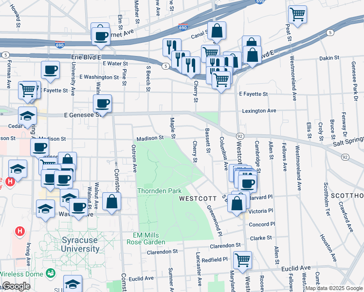 map of restaurants, bars, coffee shops, grocery stores, and more near 1311 Madison Street in Syracuse