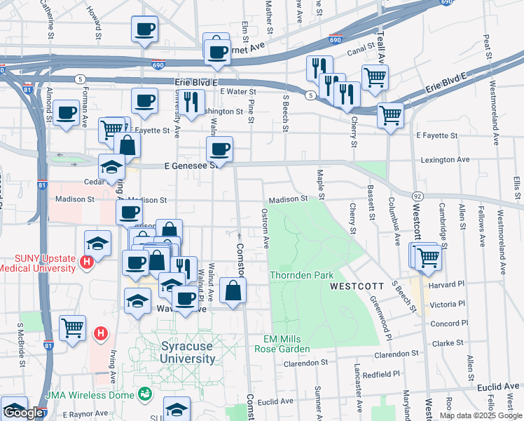 map of restaurants, bars, coffee shops, grocery stores, and more near 1107 Madison Street in Syracuse