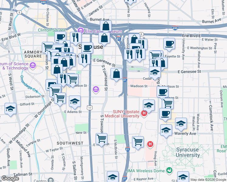 map of restaurants, bars, coffee shops, grocery stores, and more near 39 Presidential Court in Syracuse