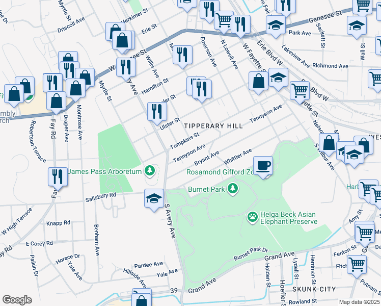 map of restaurants, bars, coffee shops, grocery stores, and more near 605 Tompkins Street in Syracuse