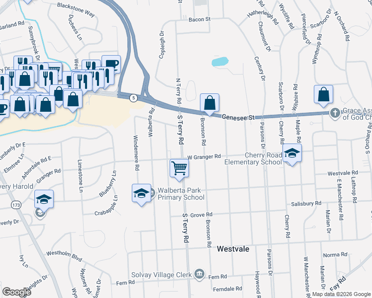 map of restaurants, bars, coffee shops, grocery stores, and more near 116 Bronson Road in Syracuse