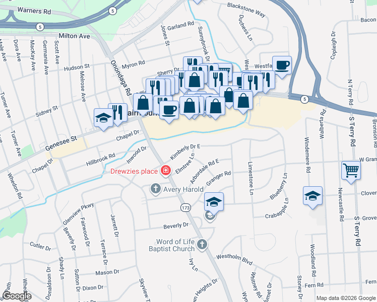 map of restaurants, bars, coffee shops, grocery stores, and more near 119 Kimberly Drive East in Syracuse
