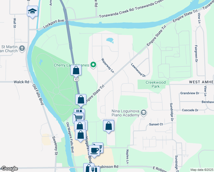map of restaurants, bars, coffee shops, grocery stores, and more near 229 Tonawanda Creek Road in Buffalo