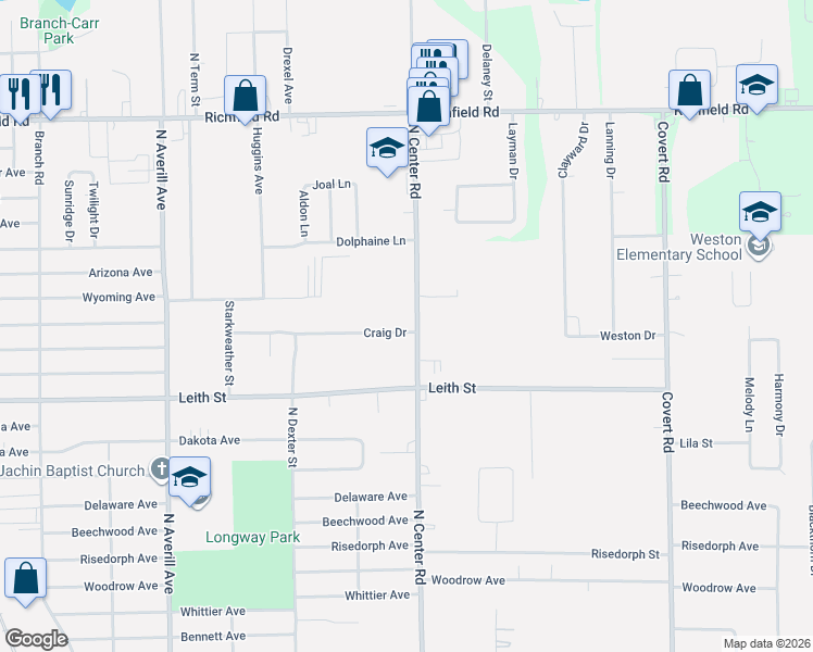 map of restaurants, bars, coffee shops, grocery stores, and more near 3375 Center Road in Flint