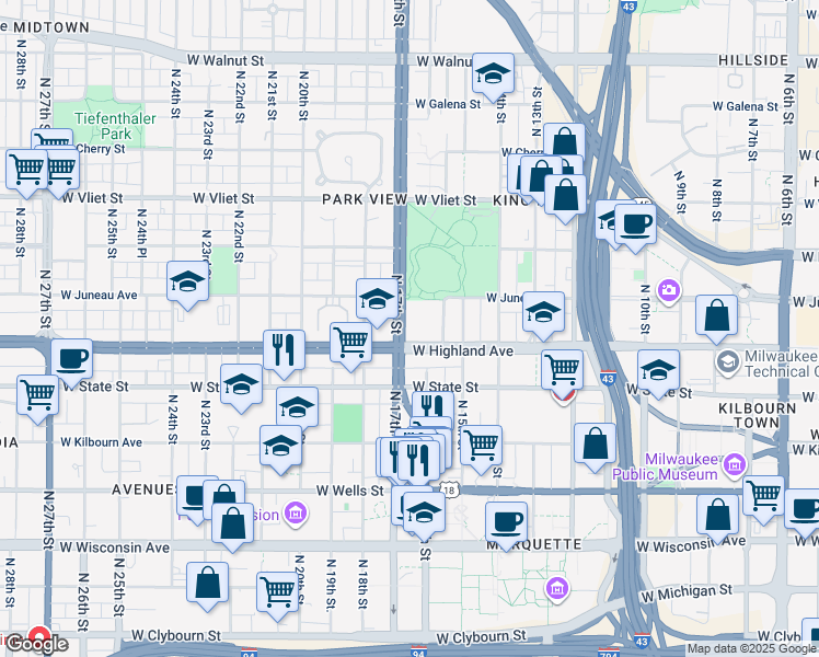 map of restaurants, bars, coffee shops, grocery stores, and more near 1110 North 17th Street in Milwaukee