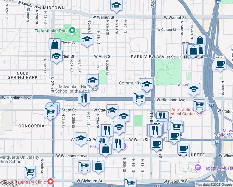 map of restaurants, bars, coffee shops, grocery stores, and more near 1146 North 21st Street in Milwaukee