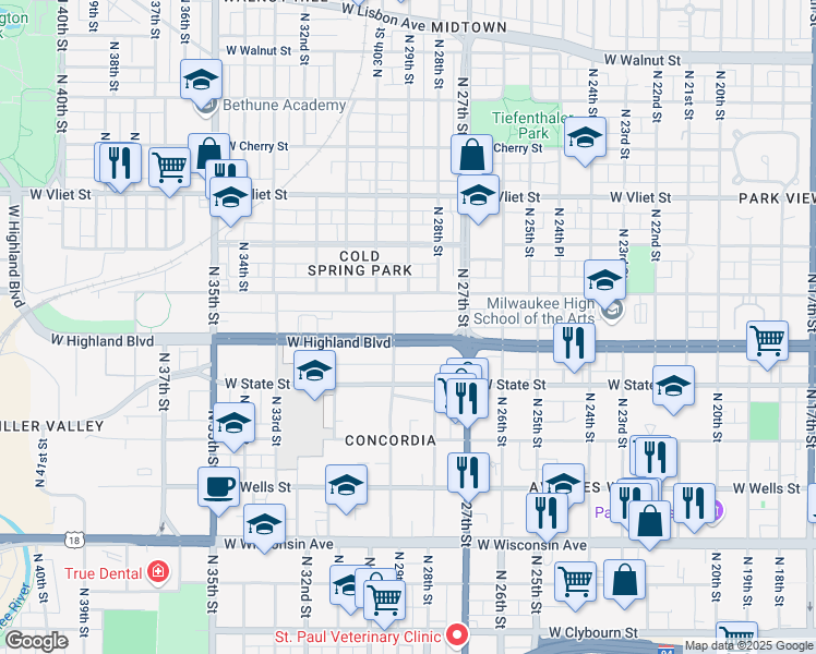 map of restaurants, bars, coffee shops, grocery stores, and more near 2817 West Juneau Avenue in Milwaukee
