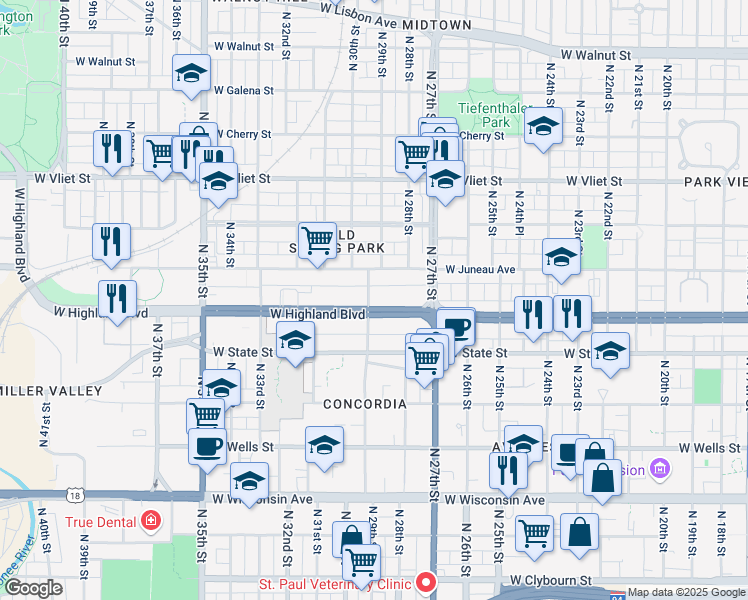 map of restaurants, bars, coffee shops, grocery stores, and more near 1143 North 29th Street in Milwaukee